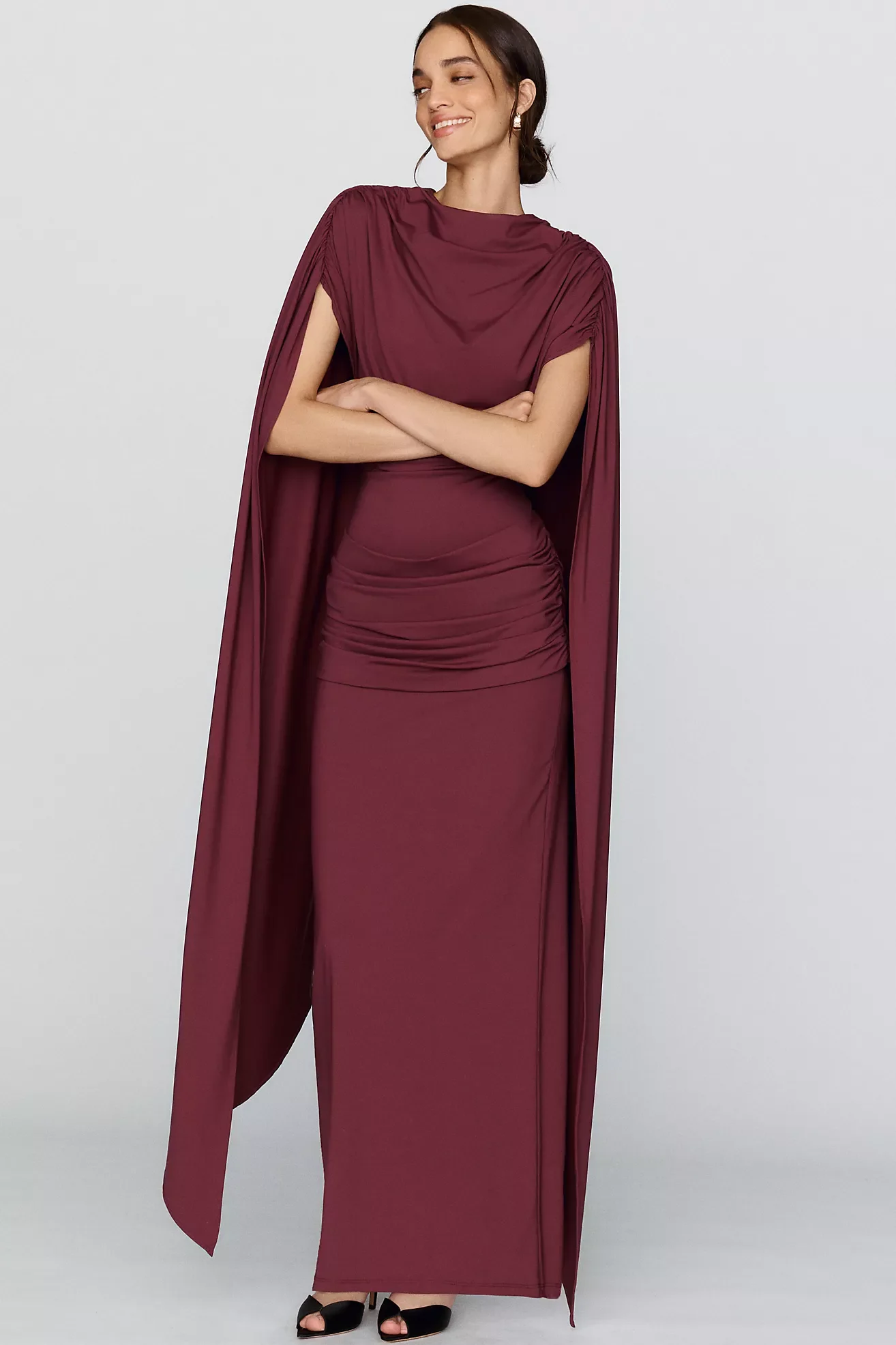 Maroon Form Fitting Draped Maxi Dress
