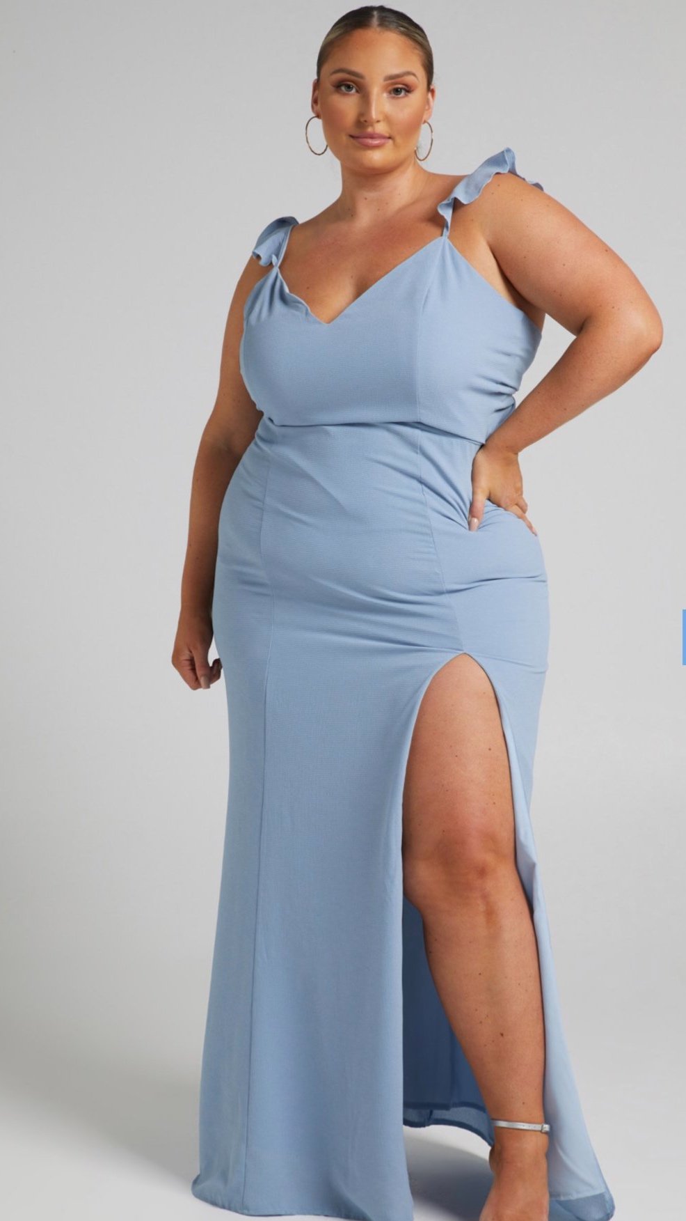 Blue Maxi Dress with Ruffle Strap and Slit