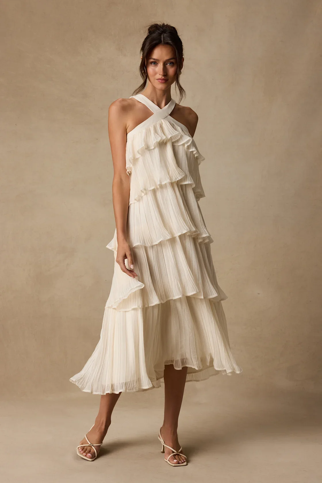Lulus Ivory Tiered Halter Midi Dress