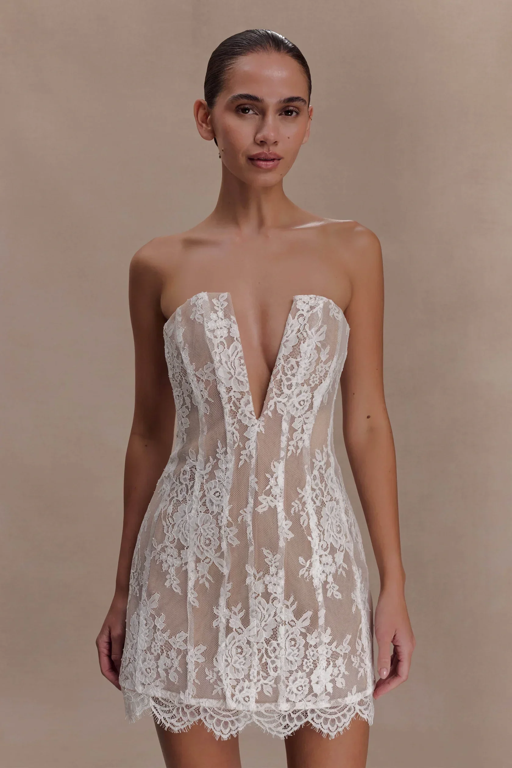 Lace Corset Mini Dress with Deep V Plunge neckline