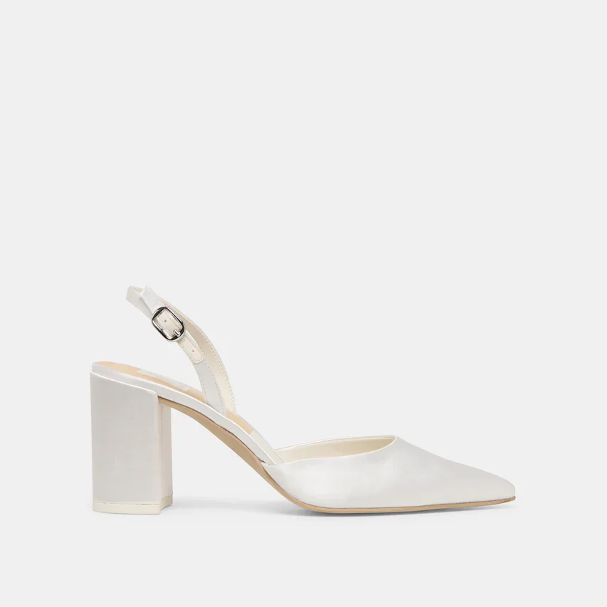 Dolce Vita True White Satin Heels with Closed Toe and Sling Back