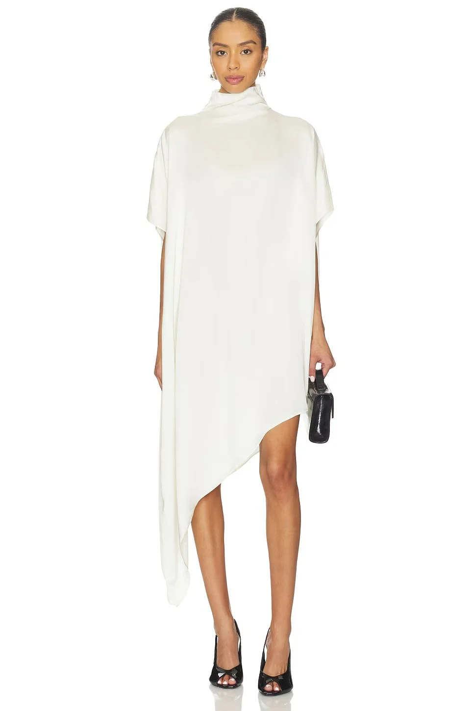 Assymetrical Knee High White Rehearsal Dinner dress with high neck