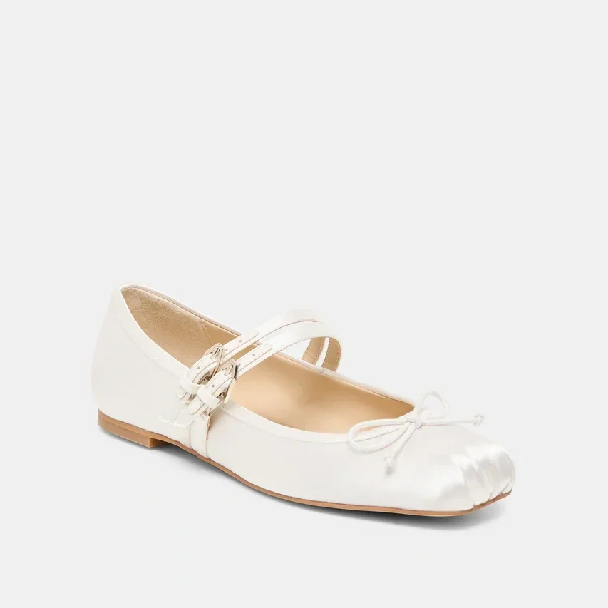 True White Satin Ballet Flats with two straps and small bow detail