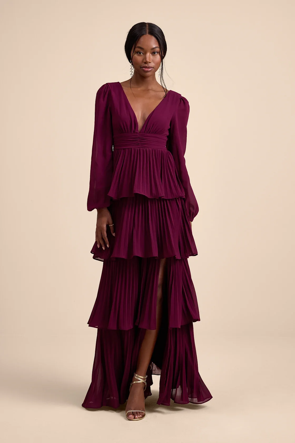 Plum Pleated Long Sleeve Maxi Dress