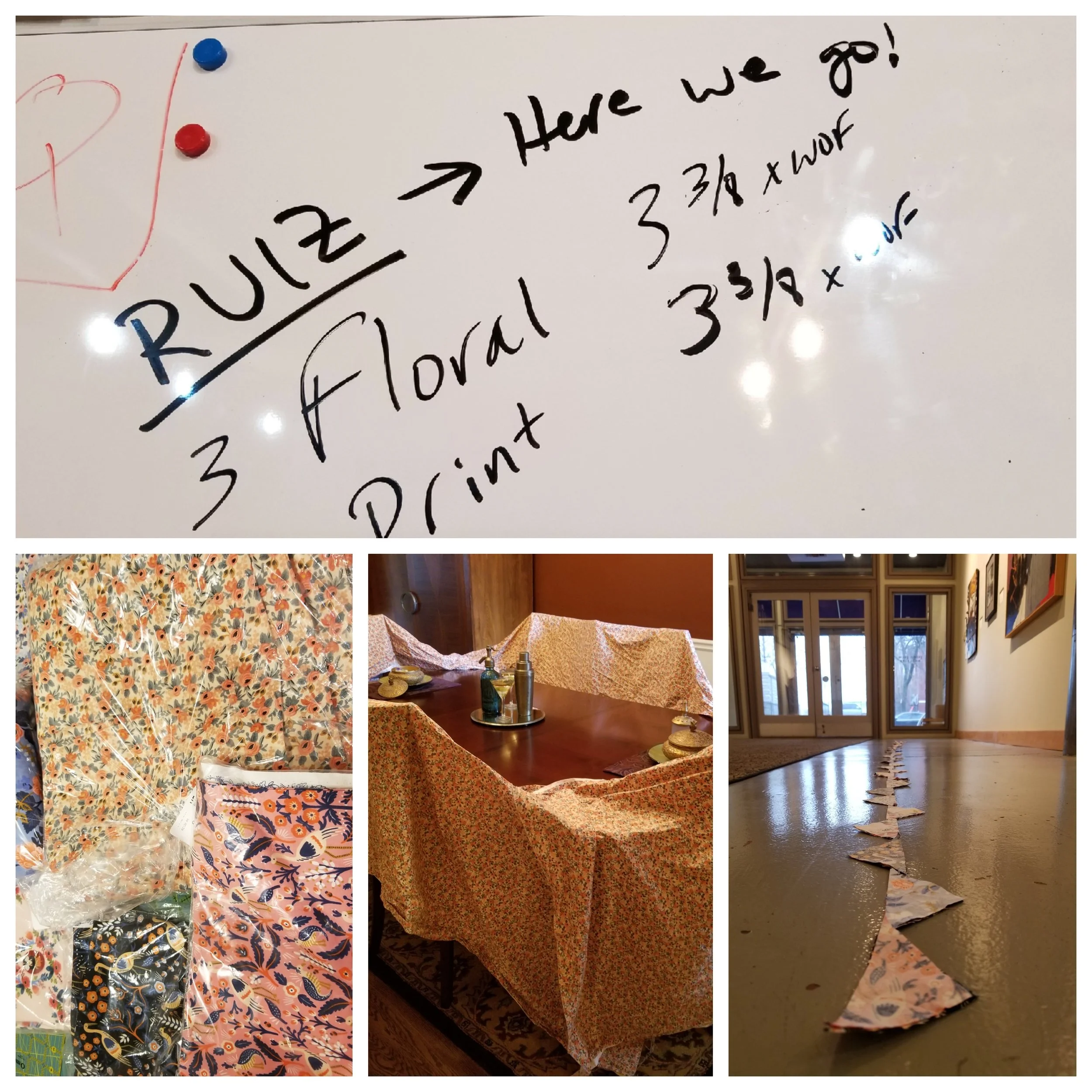 Organizing the pattern on the white board, all the Rifle Paper fabrics arriving, the back having been washed, and sewing the blocks.