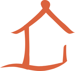 A simple line drawing of a small house with a triangular roof and a door, in a brownish color.