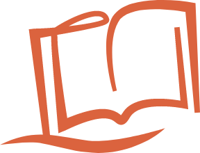 Open book with a curved page, illustrated in brown on a white background.