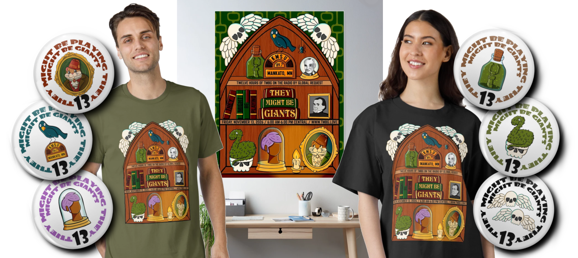 Photo illustration of two stock photo models really enjoying wearing "Cabinet of Curiosities" t-shirts while standing in front of a "Cabinet of Curiosities" poster, and surrounded by six floating buttons.