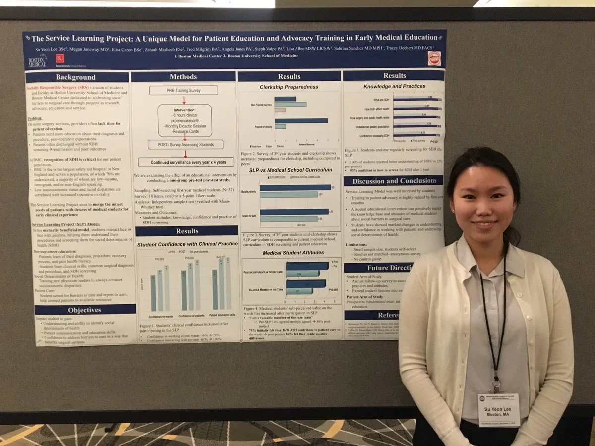  Mary Lee (BUSM ‘19) presenting at MCACS 2018 the innovative SRS Service Learning Project- pairing medical students with patients on the surgical wards to improve health literacy and screen for SDH 