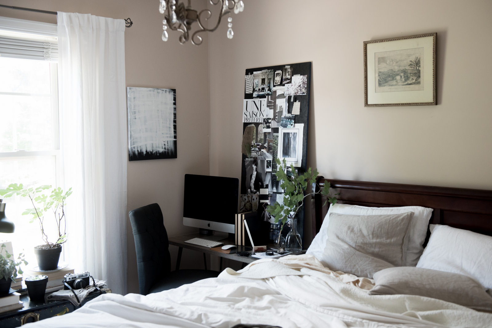 Use a desk for a side table to create office space.