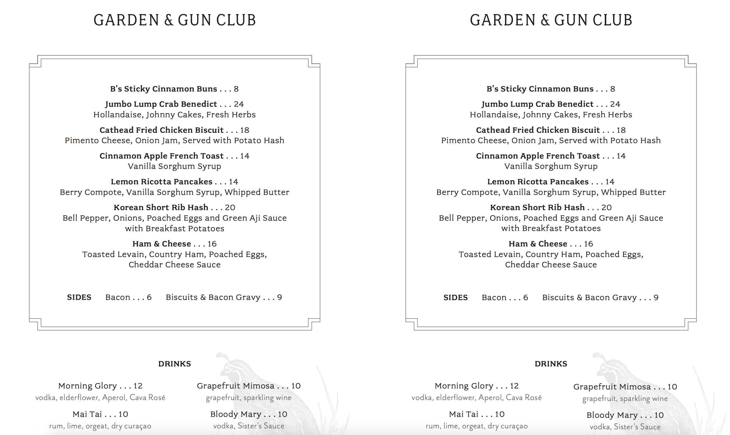 Garden and Gun Club Menu | House of Valentina