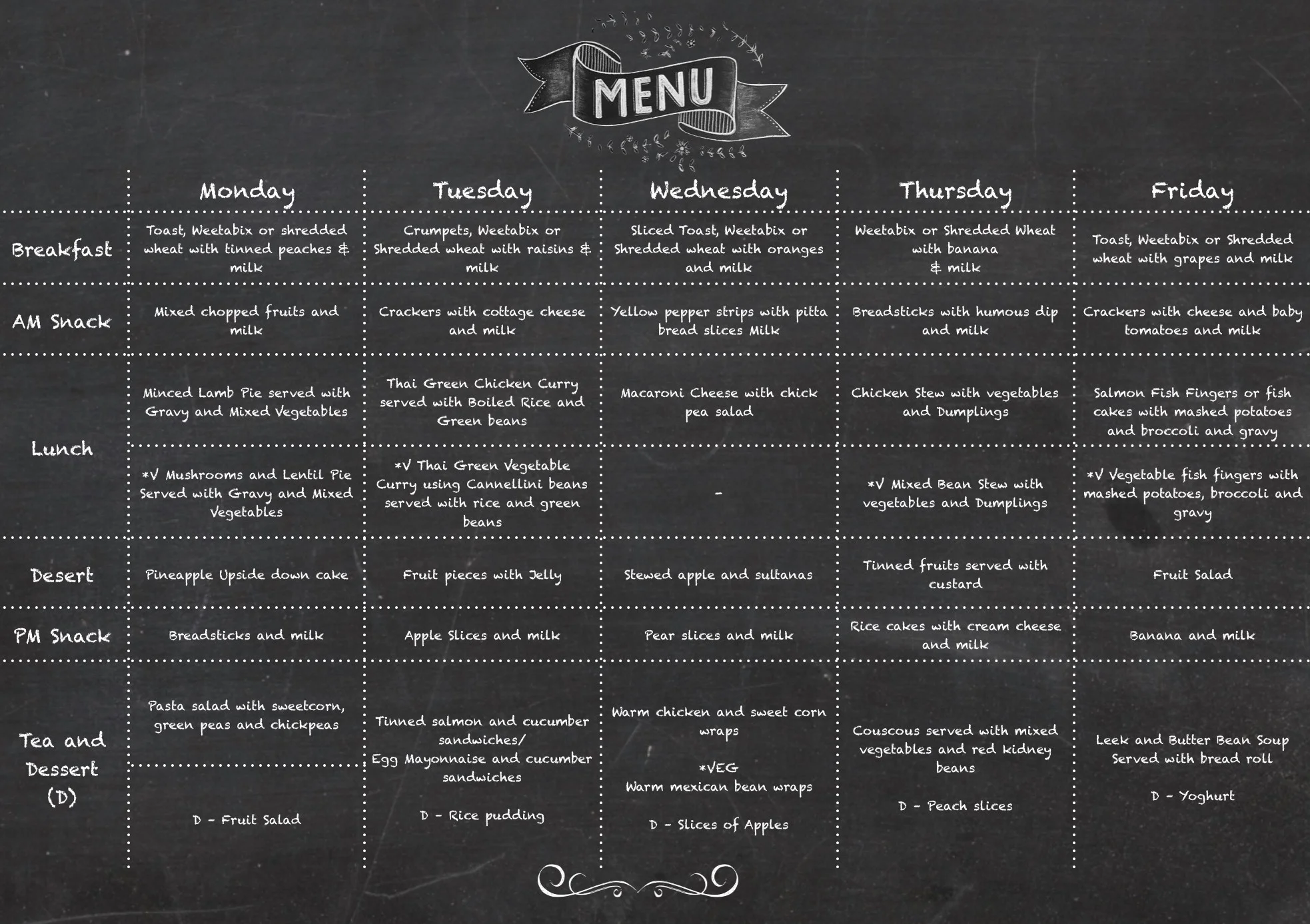  All meals and snacks are served with water or milk. Water and snacks are available throughout the day. 