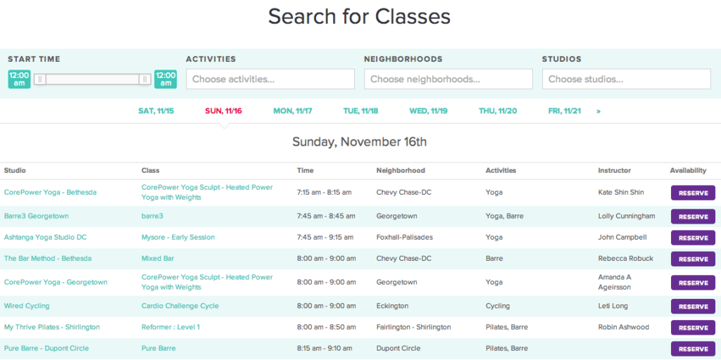 ClassPass Class Search