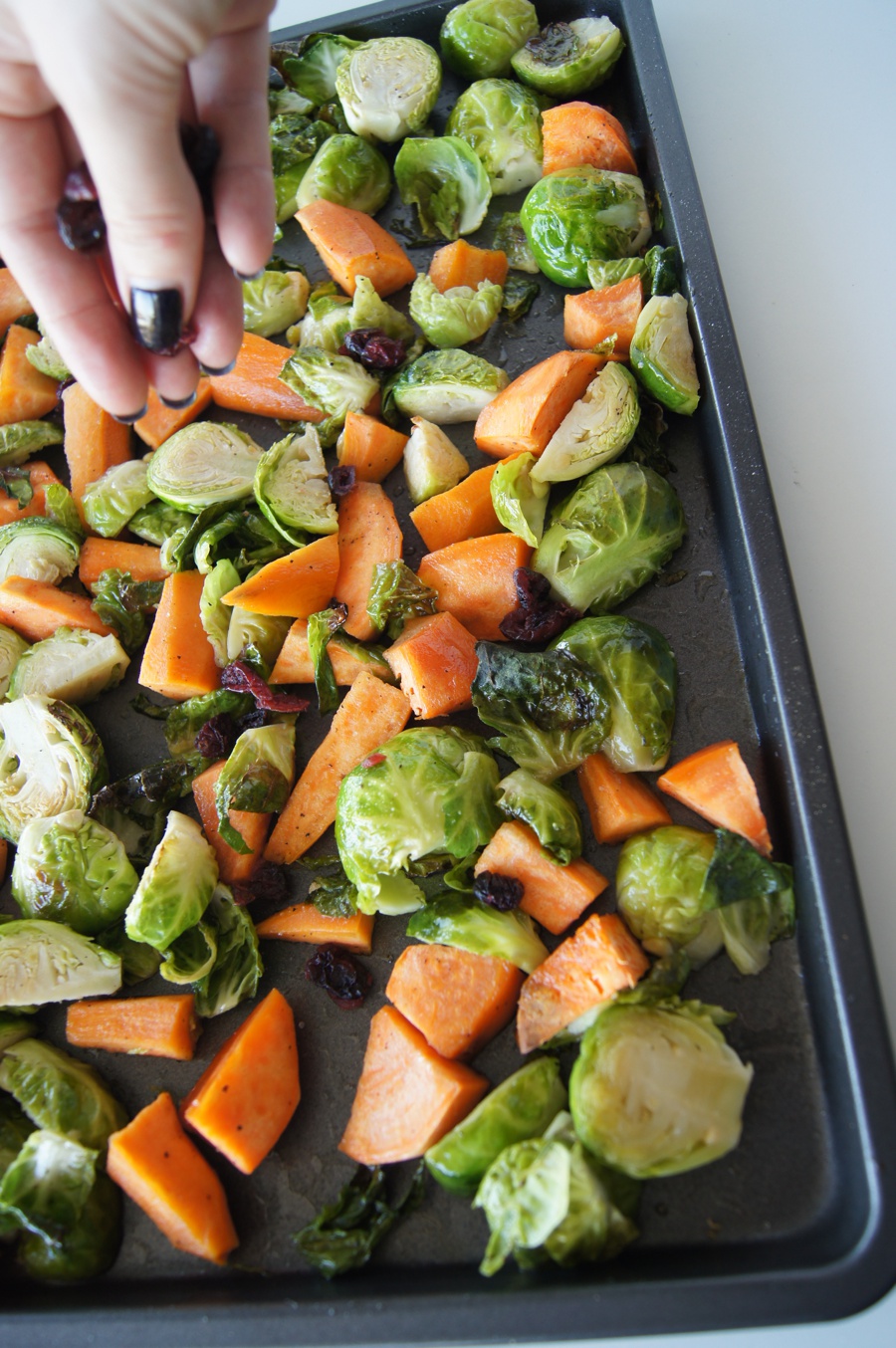 Maple Cranberry Pecan Brussel Sprouts & Sweet Potato Side Dish