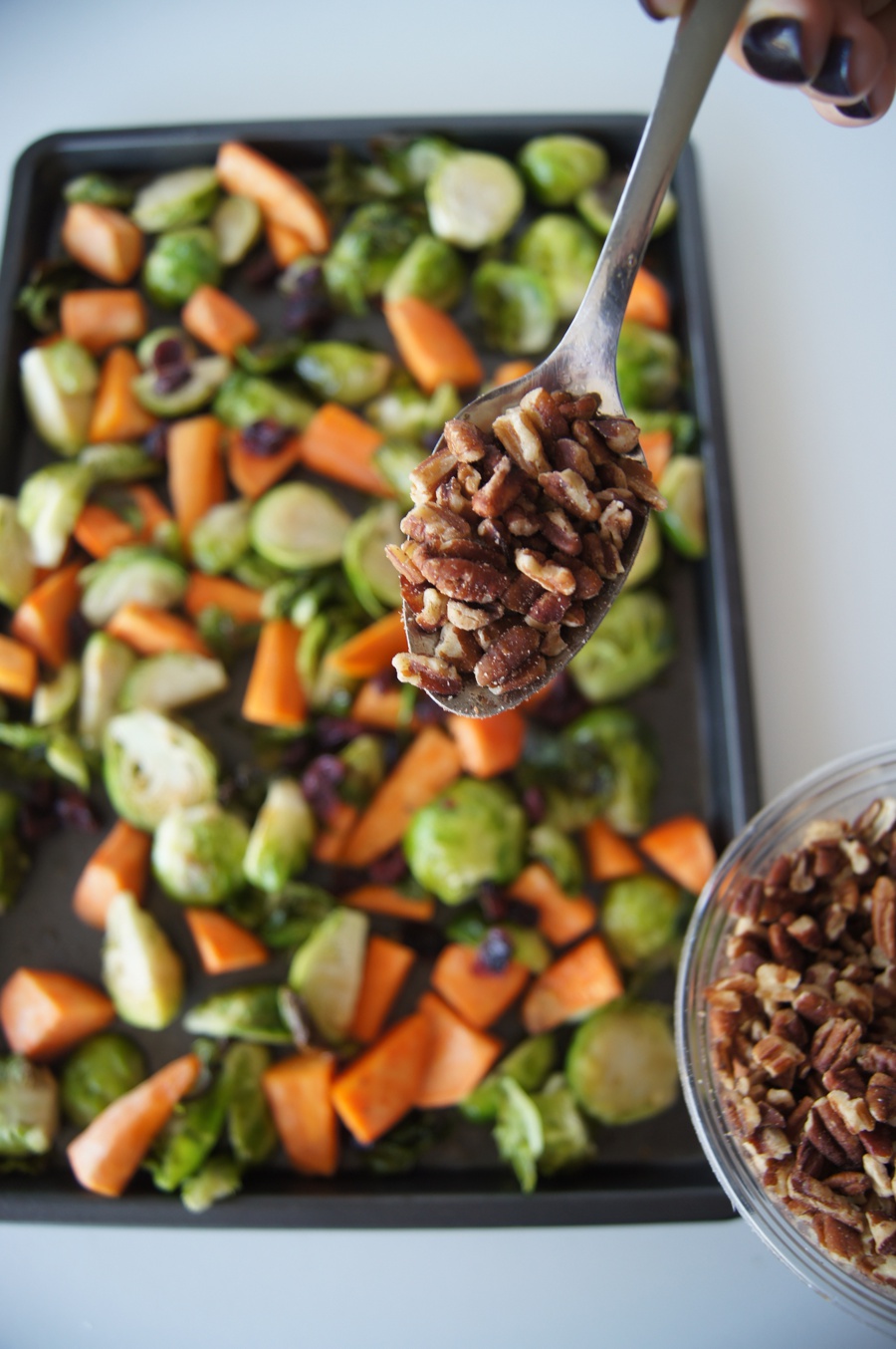 Maple Cranberry Pecan Brussel Sprouts & Sweet Potato Side Dish