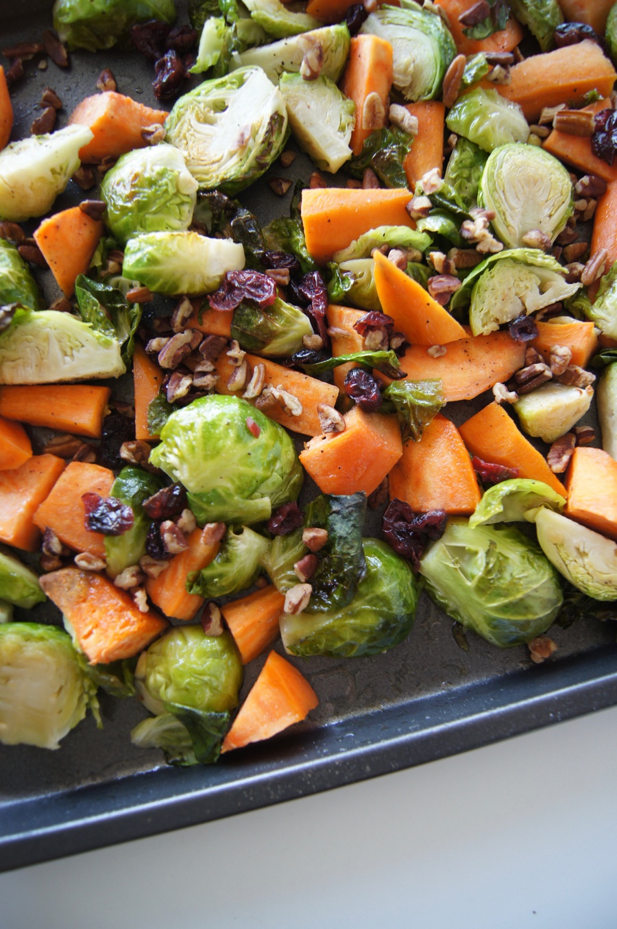 Maple Cranberry Pecan Brussel Sprouts & Sweet Potato Side Dish
