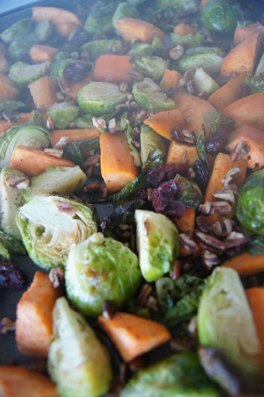 Maple Cranberry Pecan Brussel Sprouts & Sweet Potato Side Dish