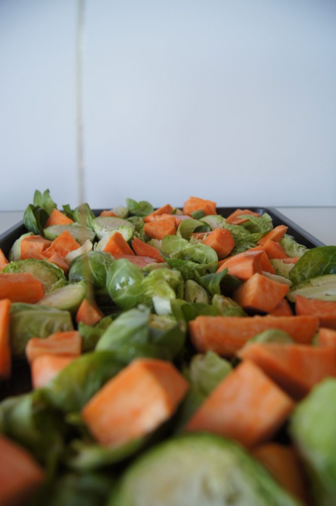 Maple Cranberry Pecan Brussel Sprouts & Sweet Potato Side Dish