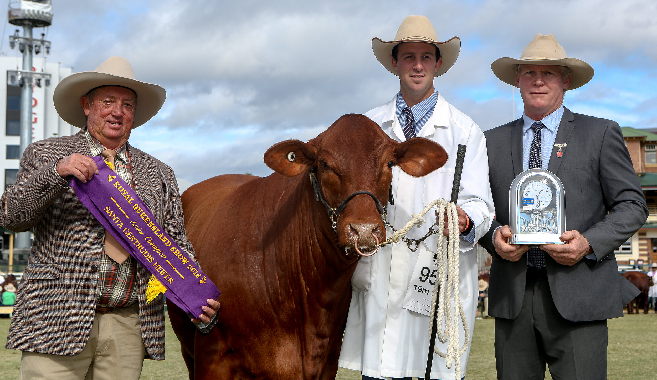 Yarrawonga Feasther L661 (P) received the Diamond H Trophy for the Junior Champion Heifer. Presented by Roger Hatton, led by Steven Maher with Judge, Ivan Price. 