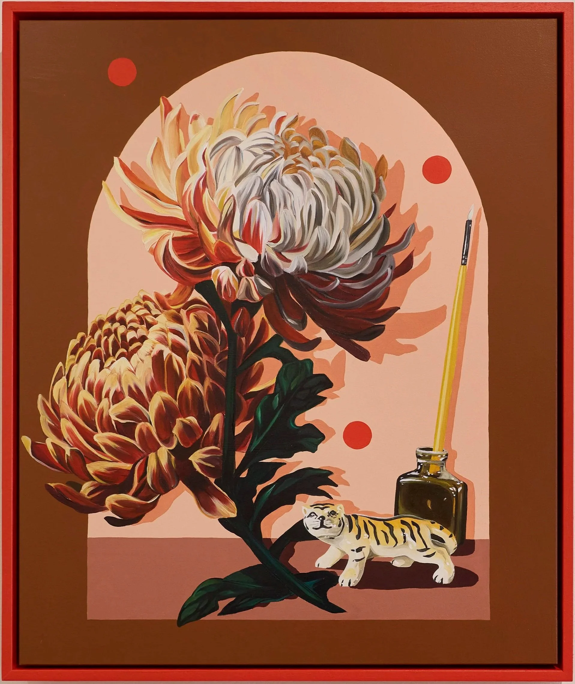   Golden flowers, good fortunes, 2025  oil and acrylic on timber panel, framed in Victorian ash,  60 x 50cm 