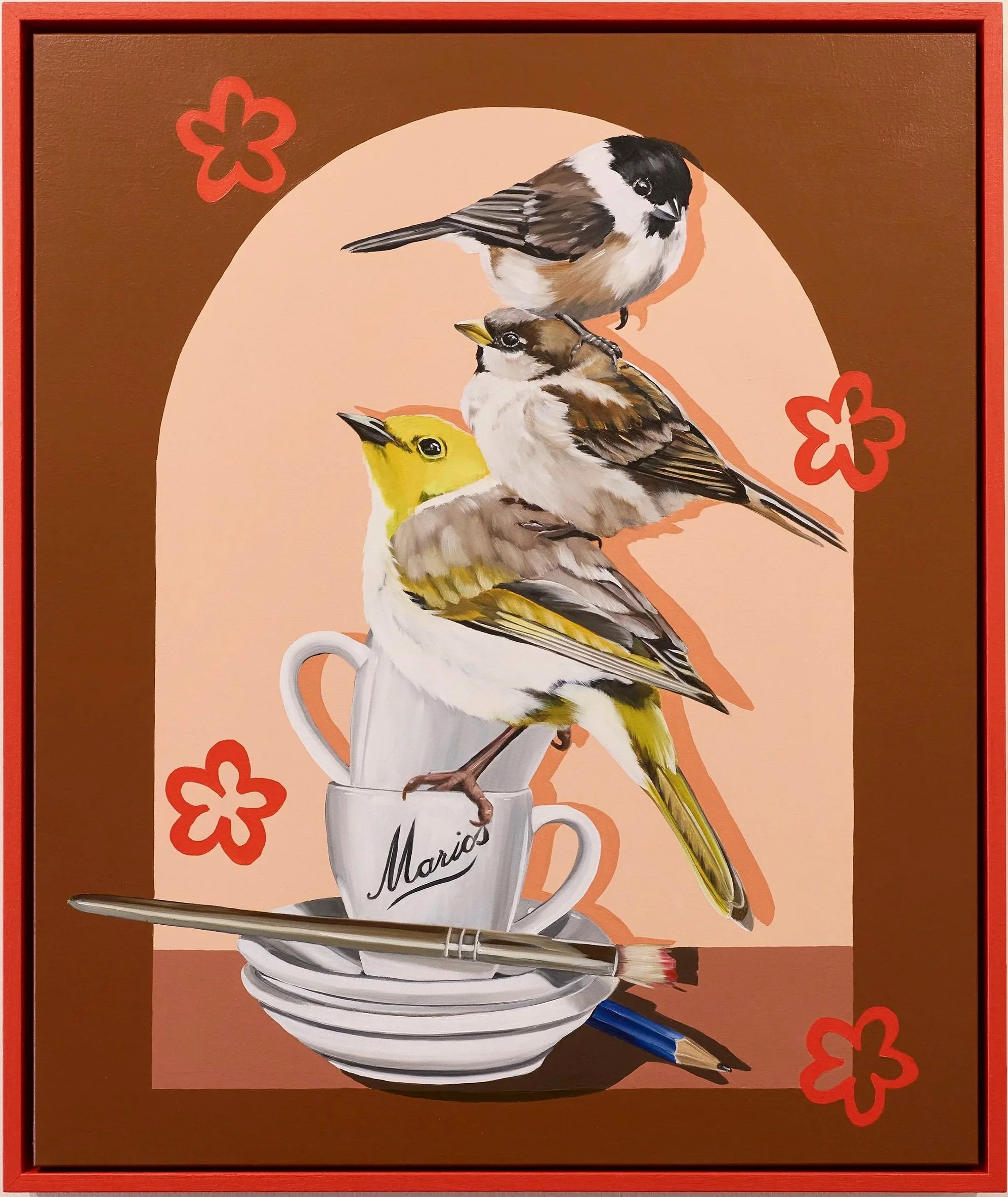   Hanging night at table nine, 2025  oil and acrylic on timber panel, framed in Victorian ash 60 x 50cm 