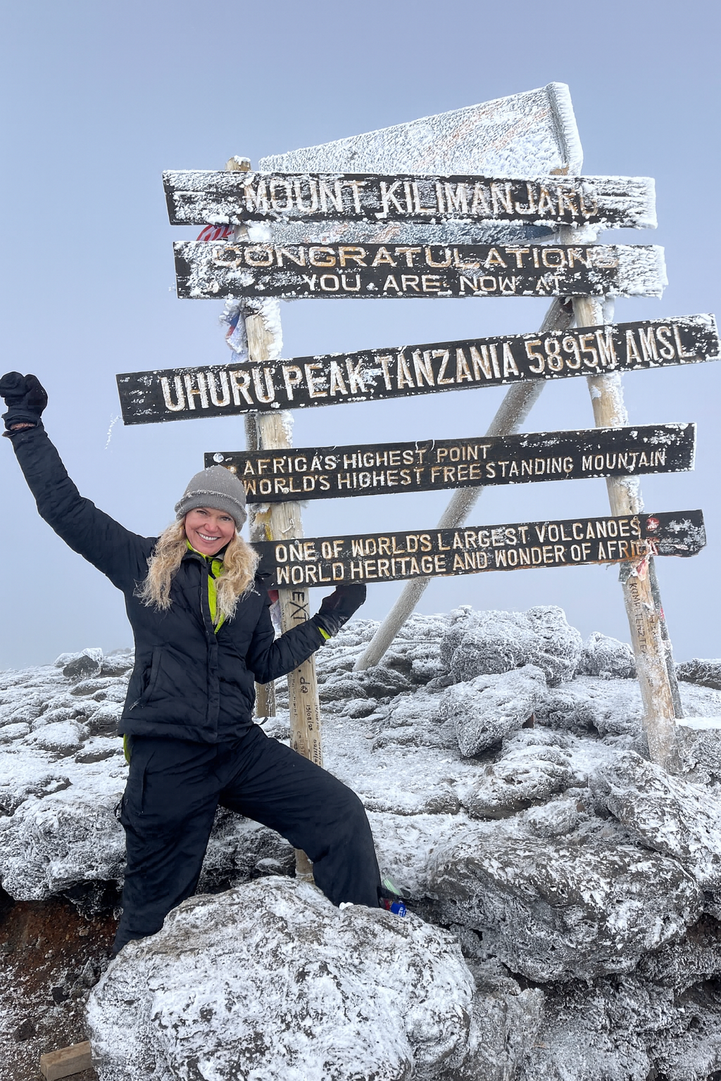 A woman in winter clothing standing next to a snowy sign indicating the summit of Uhuru Peak on Mount Kilimanjaro, with icy rocks and a cloudy sky in the background.