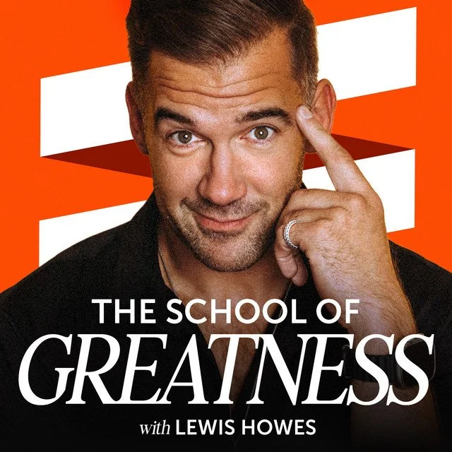A man with short dark hair and a beard, smiling while touching his forehead with his right hand, against a background of bold orange and white stripes, with the text "The School of Greatness with Lewis Howes".