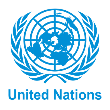United Nations emblem featuring a world map surrounded by olive branches in blue.