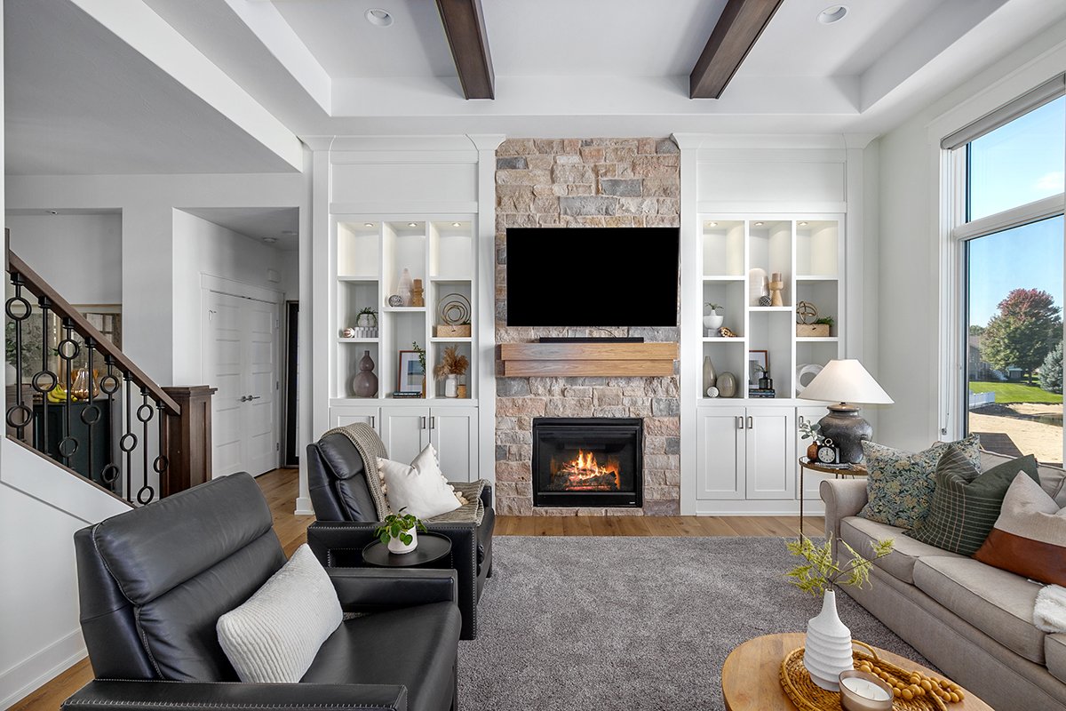 great room. fireplace built ins. modern living room. stone fireplace. wood mantel..JPG