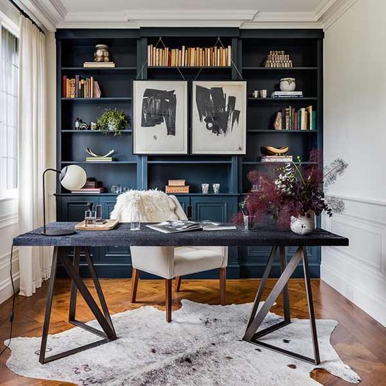  I love the dark cabinets in this home office from  Authenticity B Designs . 