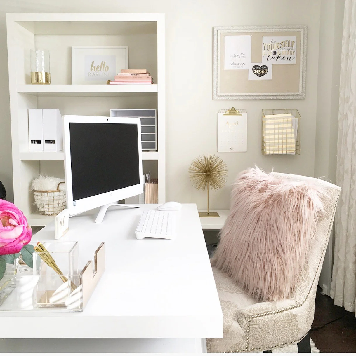 I love the feminine touches of pink that Interior Love Affair used for their home office.
