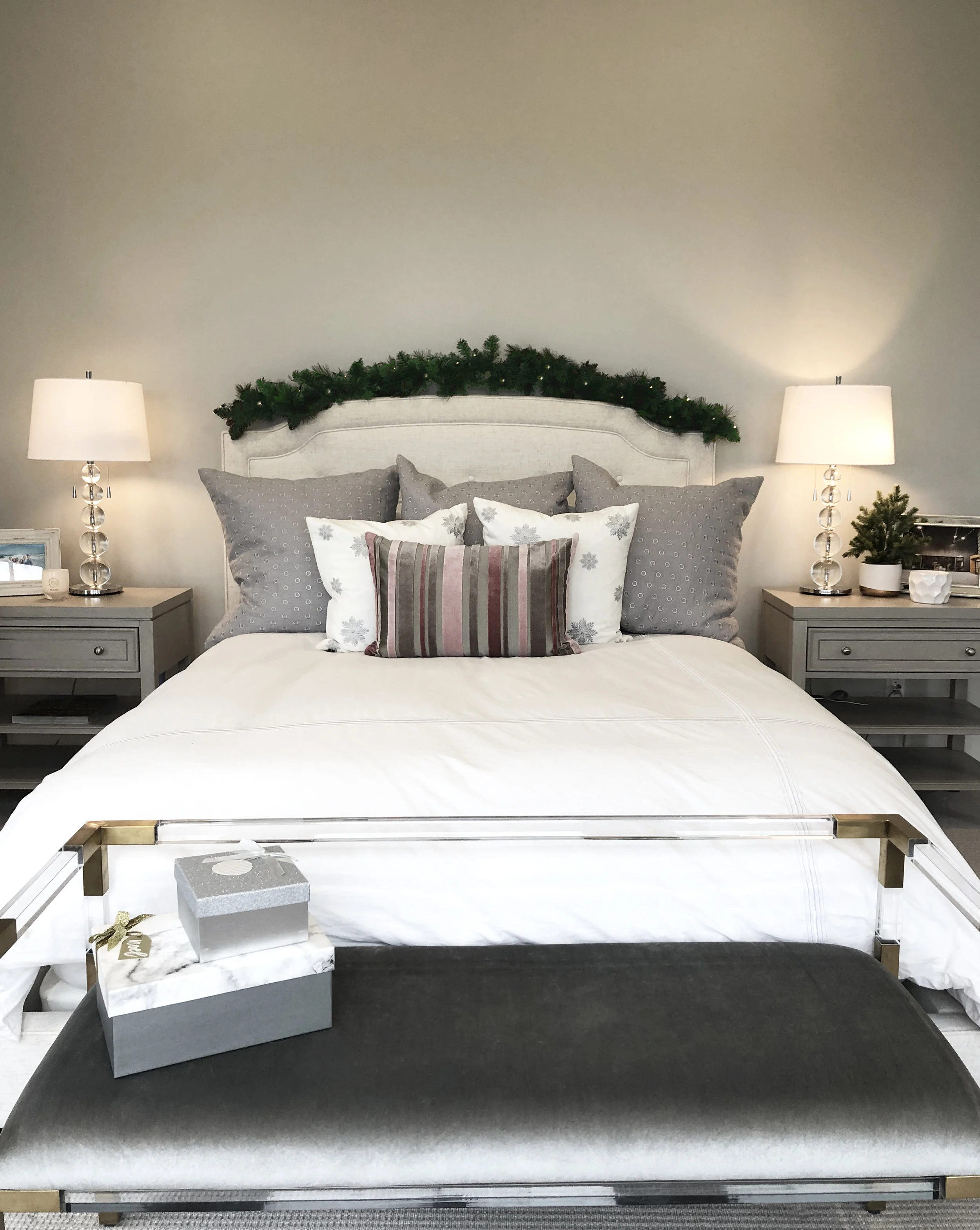 I added a little shine to our headboard with the addition of a simple garland with lights.