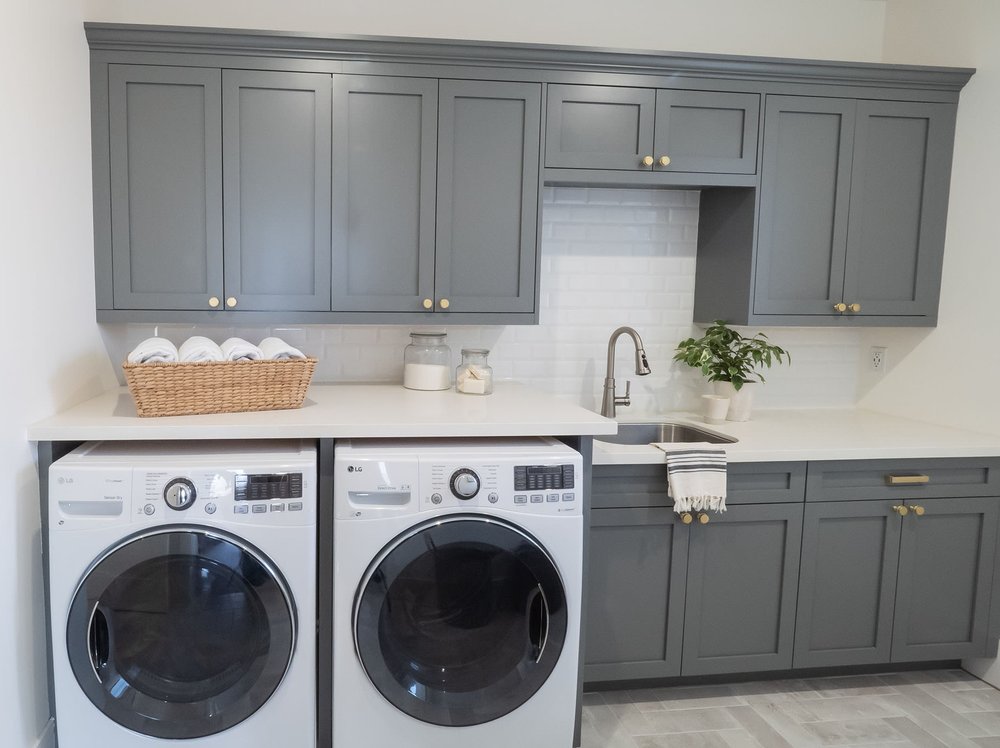 Deep Gray Laundry Room Shaker Cabinets, White Laundry Room Cabinets