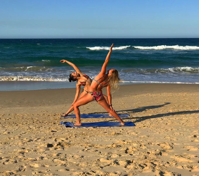 Fee & I doing some afternoon beach yoga, Maroochydore Main Beach QLD