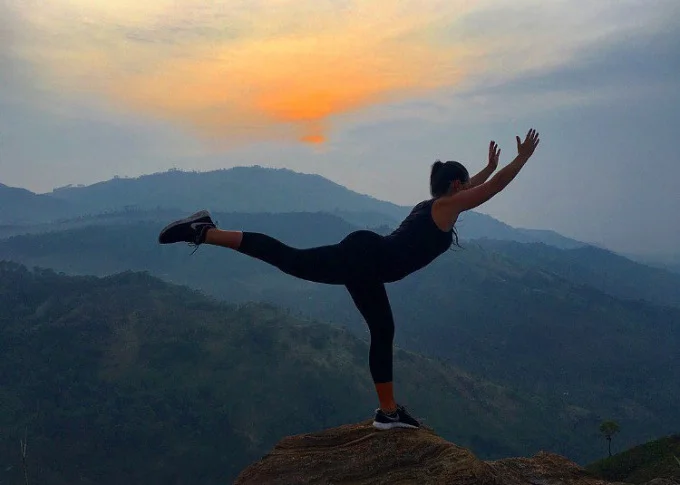 Yoga at sunrise in Sri Lanka after hiking up Little Adam's Peak, Ella