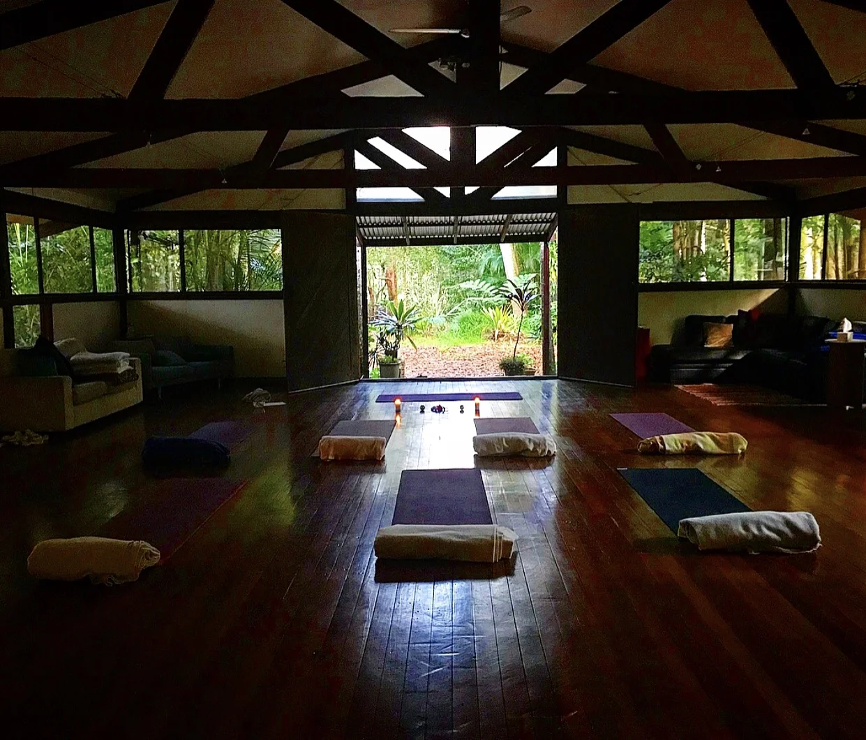 The beautiful yoga hall surrounded by nature. 