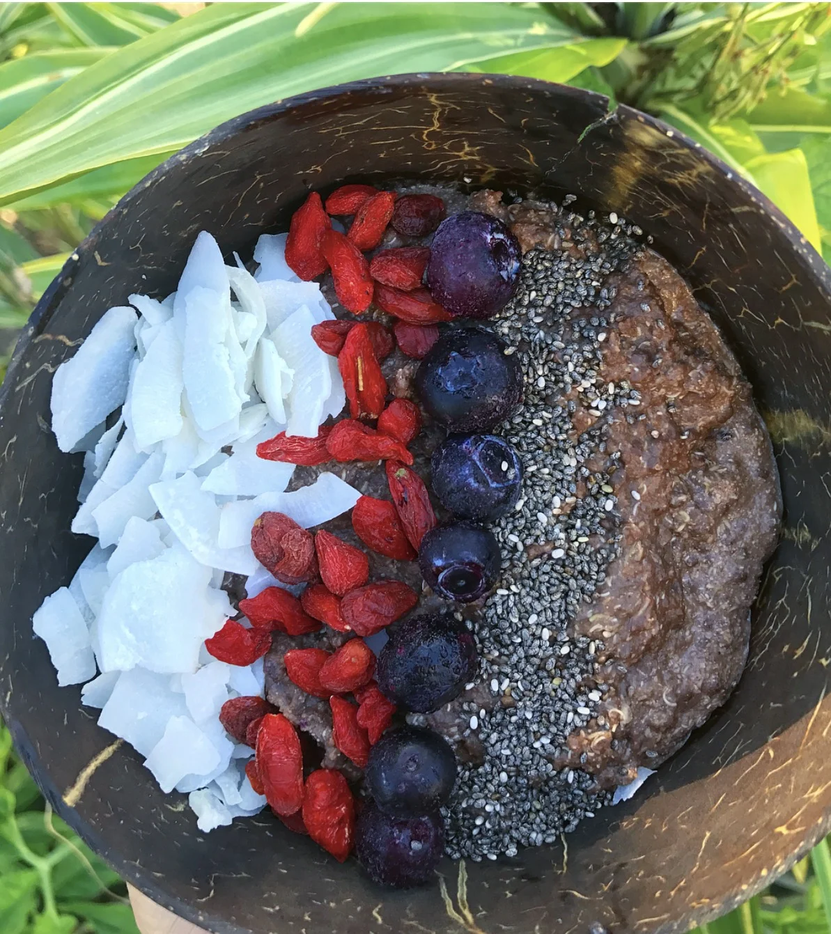 Cacao oats with chia seeds, coconut flakes, goji berrries & blueberries. Vegan never or tasted looked so good. 