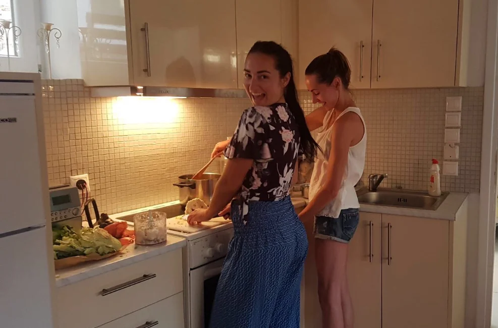 Clemence and I cooking our delicious dal for Katina when she came to visit.