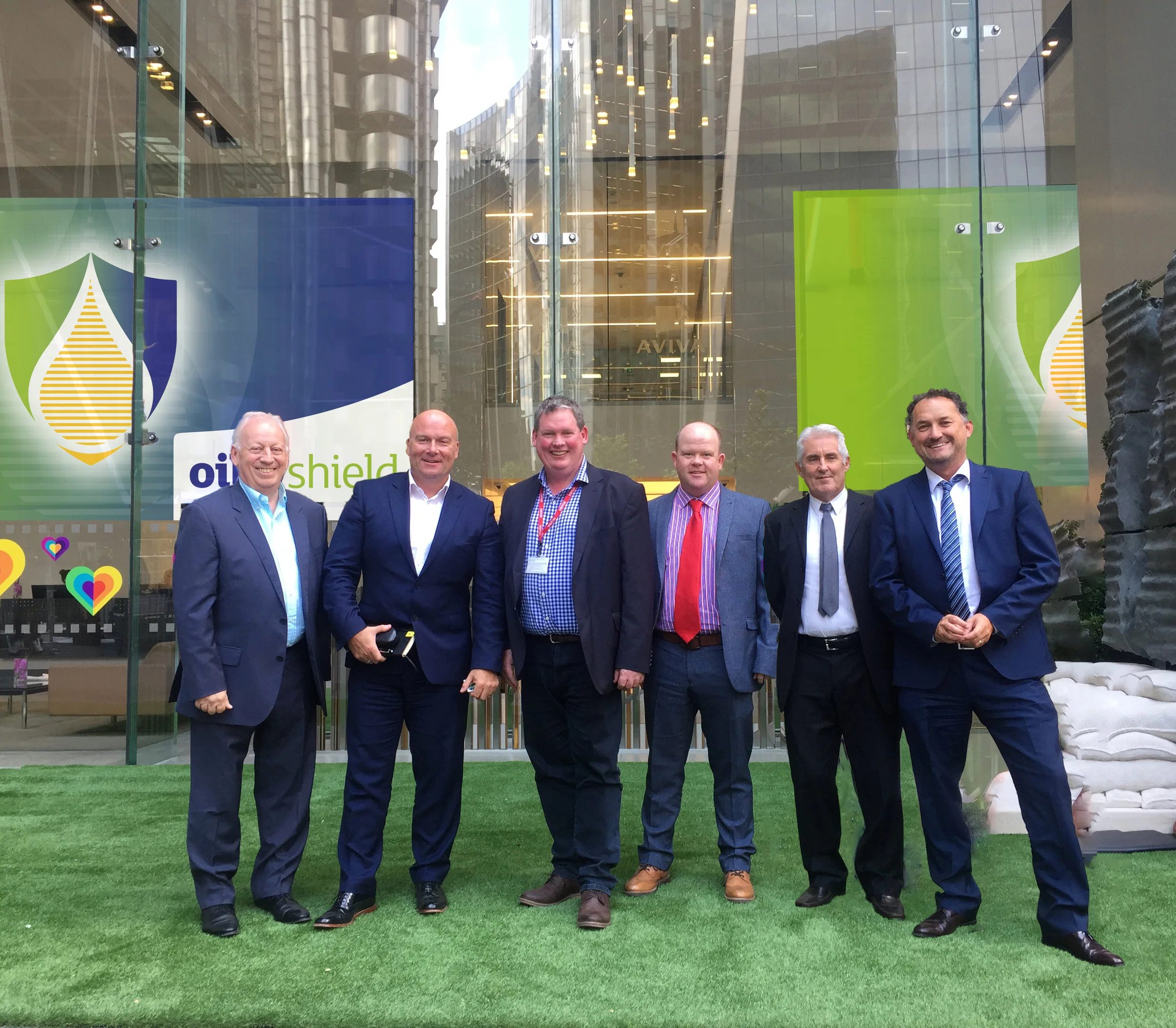 The Oilshield Team outside the Aviva St Helen’s Office, London (left to right) Colin Duxberry (SIA), Jonathan Smith (Aviva), Stewart Ower (Compass Environmental), Dave Gardiner (Evergreen), Chris Browne (SIA), Matt Lamb (Aviva)