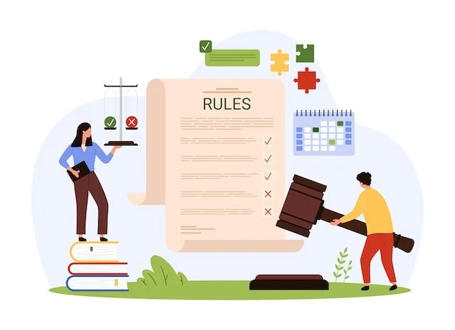 corporate artwork of rules document, justice scales, calendar, puzzle pieces