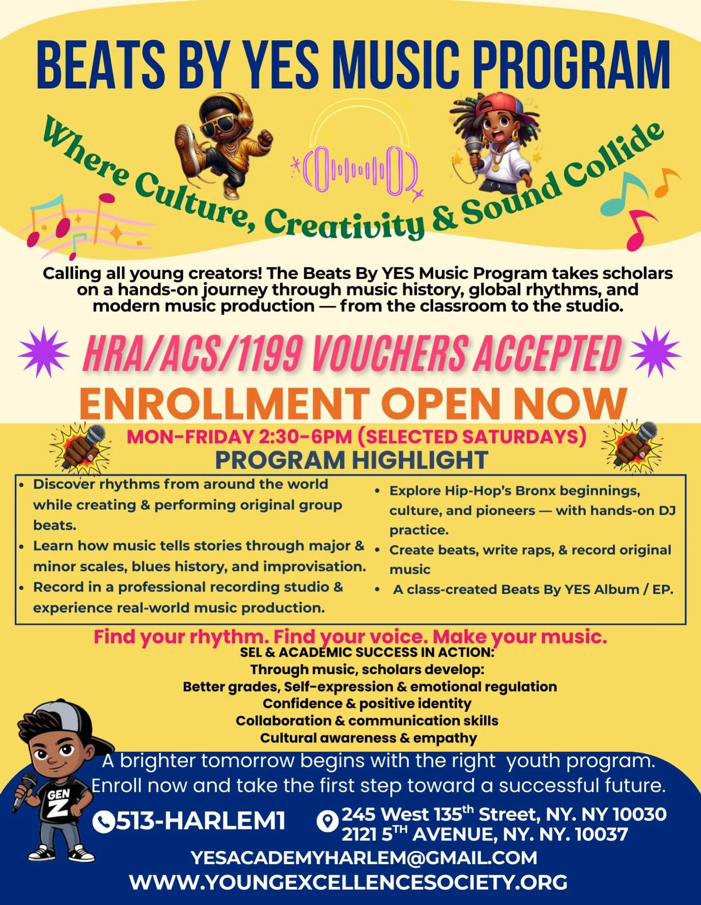 🎧 ENROLLMENT IS NOW OPEN! 🎧
Calling all young creators ages 10&ndash;18 👀✨
At Beats By YES, scholars don&rsquo;t just listen to music &mdash; they create it.
From beat-making 🎶 to DJing 🎧 to recording original tracks 🎤, this is where culture, c