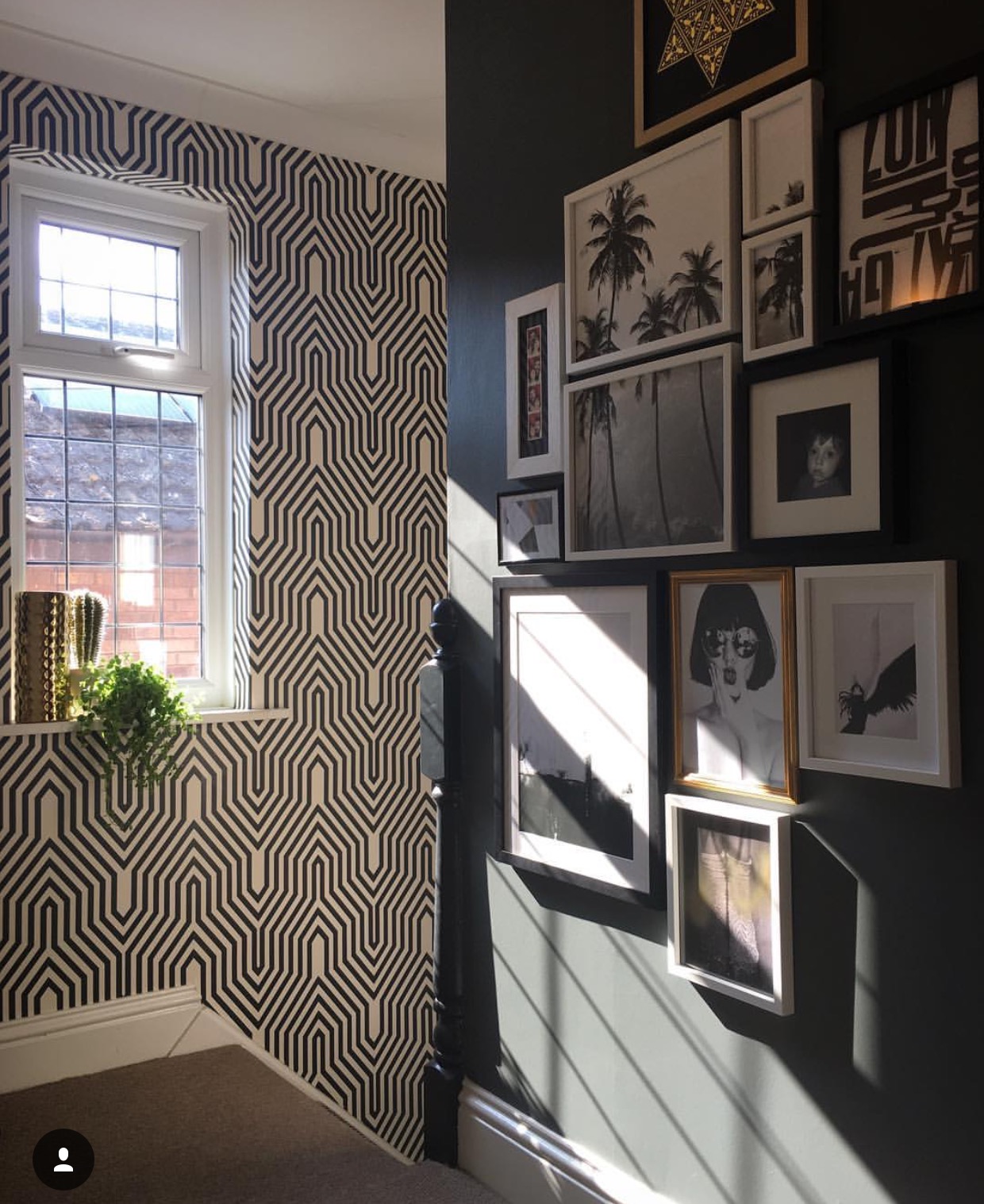 You can see from the picture above, that like me, Nadia has a penchant for wallpaper mixed with a great gallery wall, in this light filled picture is at the top of their stairs. I've said it before an will probably sat it again, but if you can live with a dark interior it is fabulous for showcasing art.