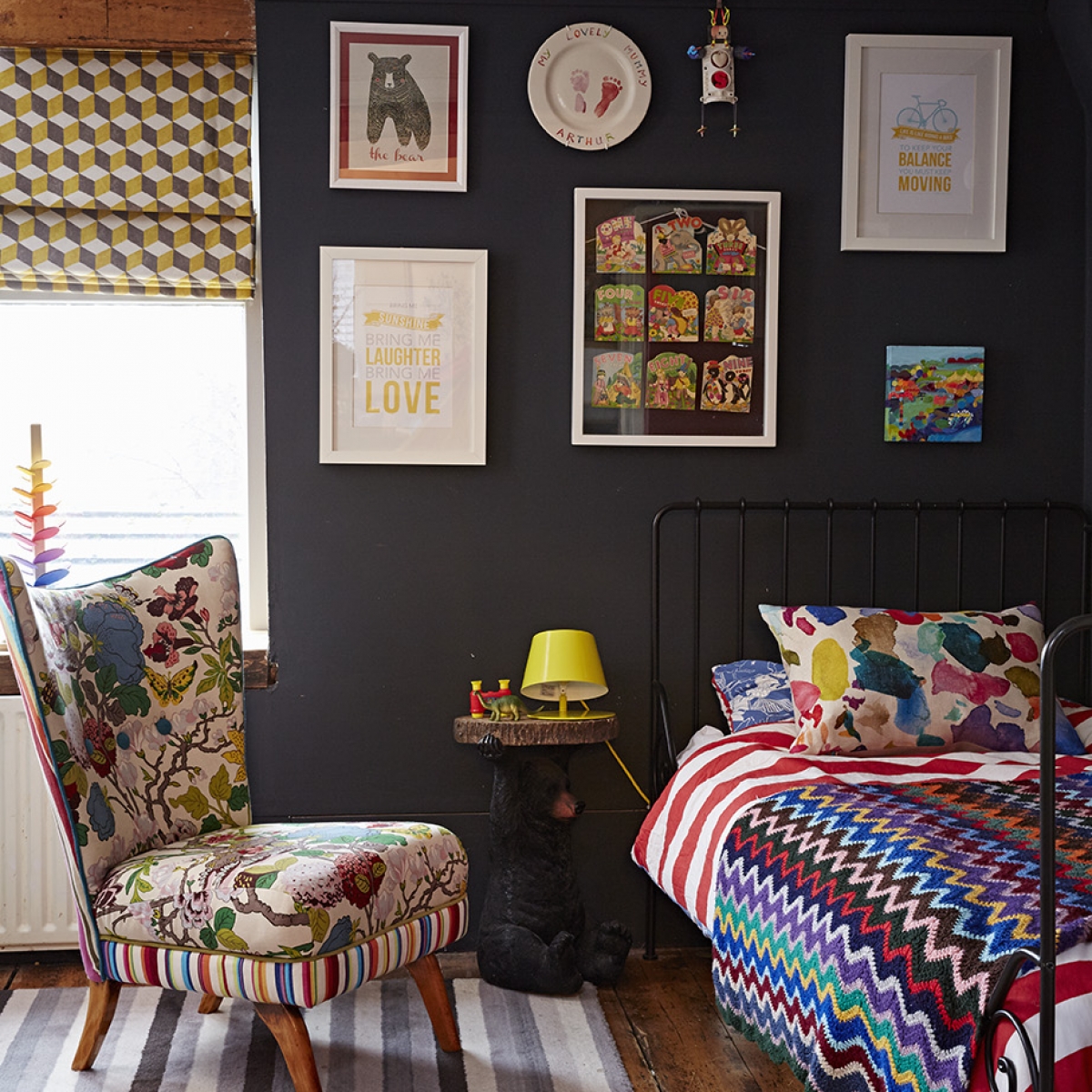 Arthur's bedroom, dark walls and colour!