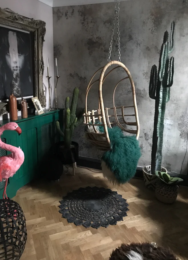 The wallpaper in this shot is from rebel walls and can be sourced from @hilaryandflo, as can the hanging chair, plants and sheepskin. The parquet floor was laid by Shelley's husband. The main picture in this room is by @patirobins