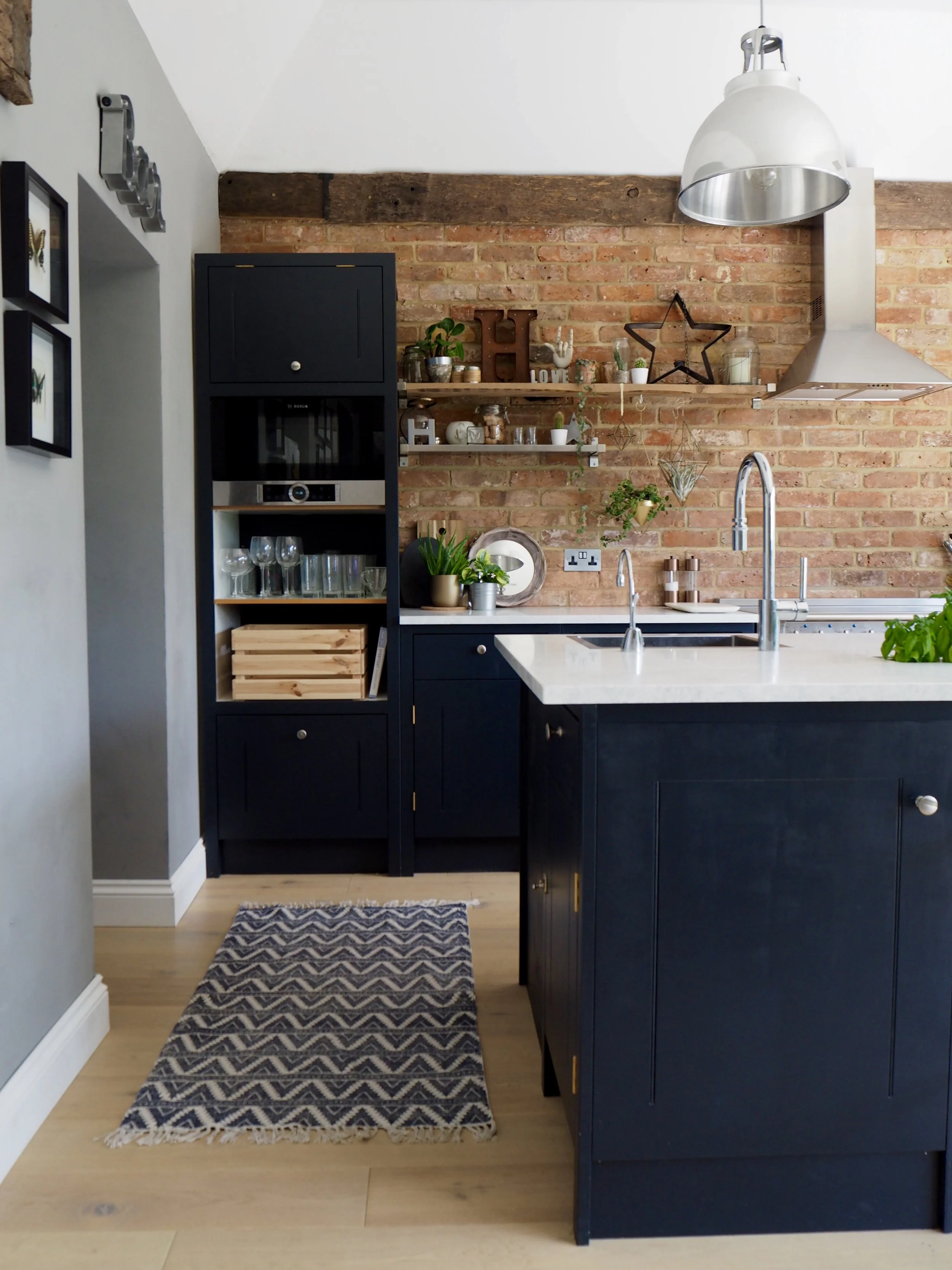 Kitchen - Units from British Standard Cupboards….. hand painted by me in Farrow & Ball ‘Railings’ …...Bar stools from Rockett St George ….. Pendant lights above Island from Original BTC….. Kitchen table from La Redoute