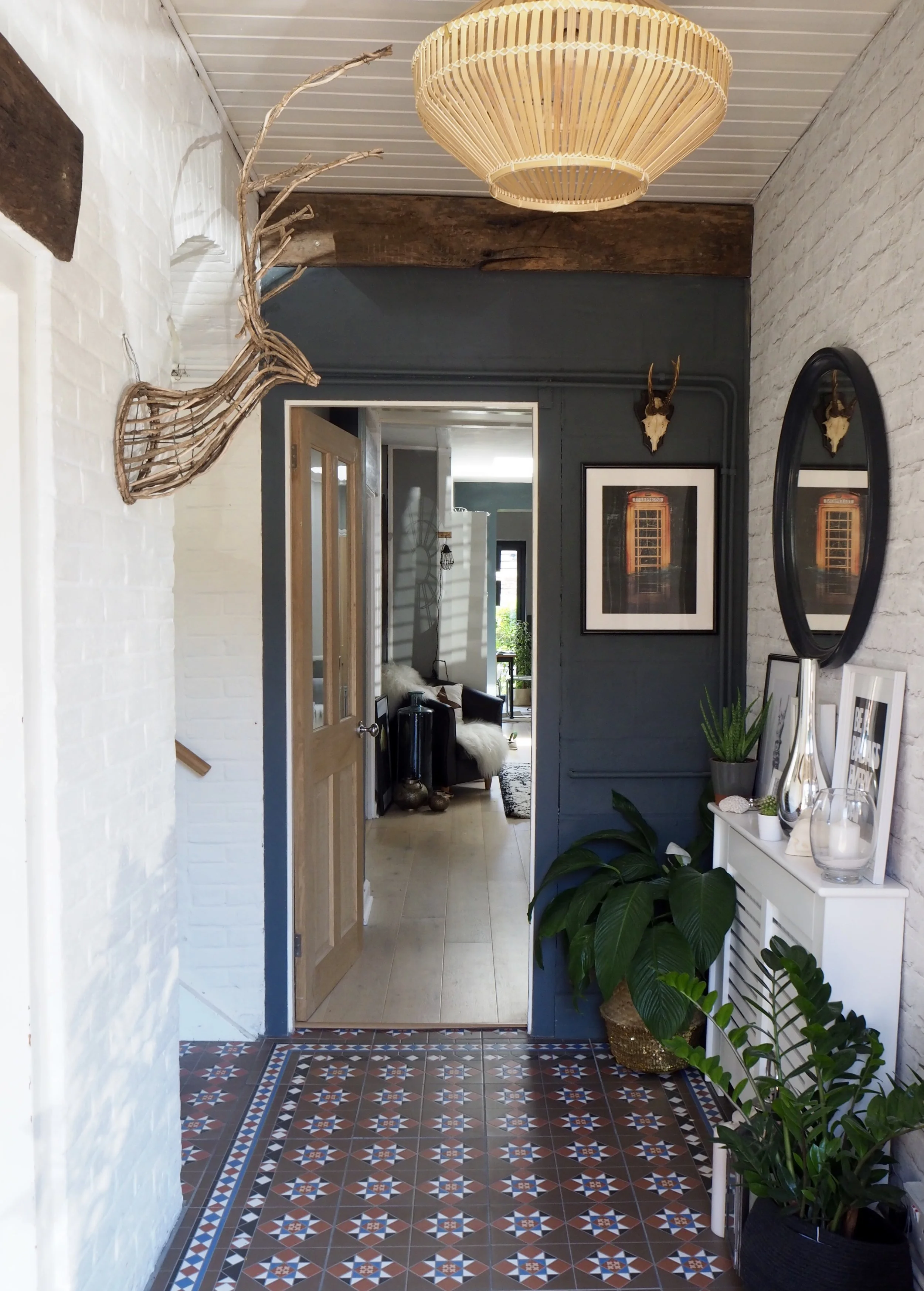 Entrance hall - Wall F&B ‘ Downpipe’ ….. phone box print Pati robins via Nickiekelly.com …… Pendant Ikea ….. stag head Rockett St George ….. Floor tiles - Walls and Floors