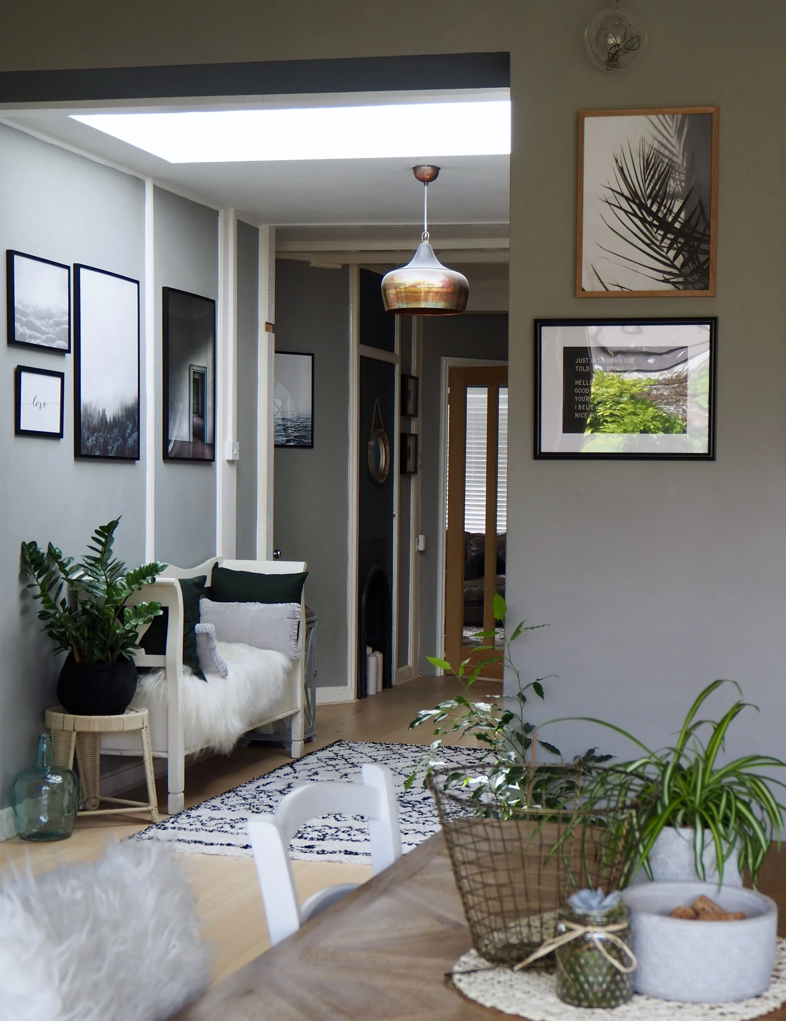 Kitchen table into open plan area - Walls F&B ‘Manor House Gray’ ….. brushed copper Pendant Light ‘Atkin and Thyme’ …… Prints Desenio …… stool Violet and Thistle