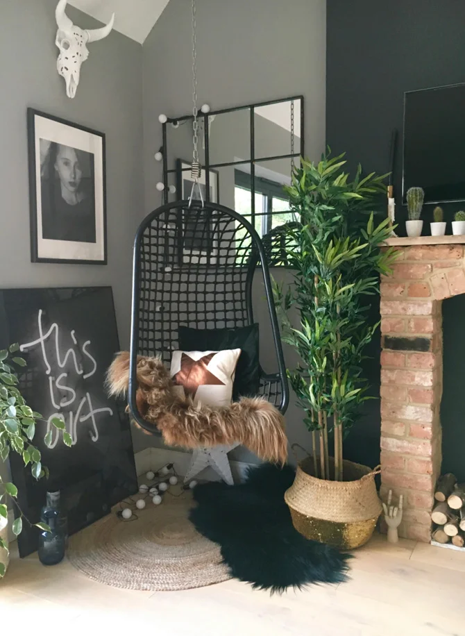 Kitchen corner - Swing chair- Rockett St George ….. Sheepskin Cowboy kate ….. White skull NickieKelly.com…..blue basket Hilary & flo ….. Walls Farrow & Ball ‘ Manor House Gray’ …..lights festive lights ltd