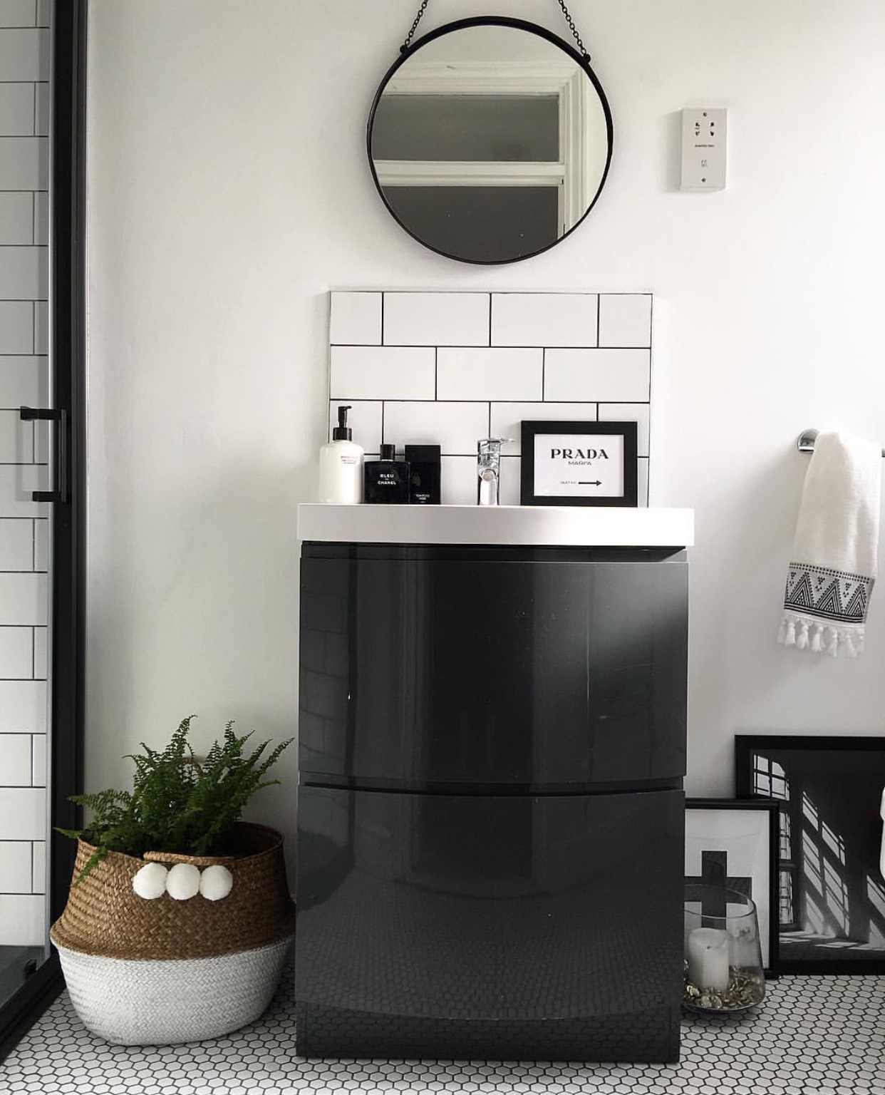 En suite:Floor tiles: Topps Tiles, Wall tiles: Tons of Tiles, Sink unit and shower door: Victoria Plum, Shower tray: soak.com , Belly Basket: Sunshine and Shade