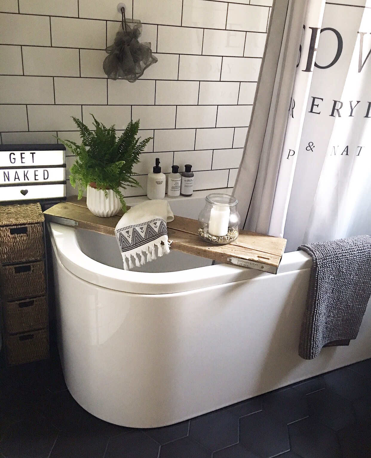 Main bathroom: All tiles: tons of tiles, Bath, toilet and sink from soak.com (sink unit upcycled using Farrow and Ball's Plummet), Shower curtain: H&M Home